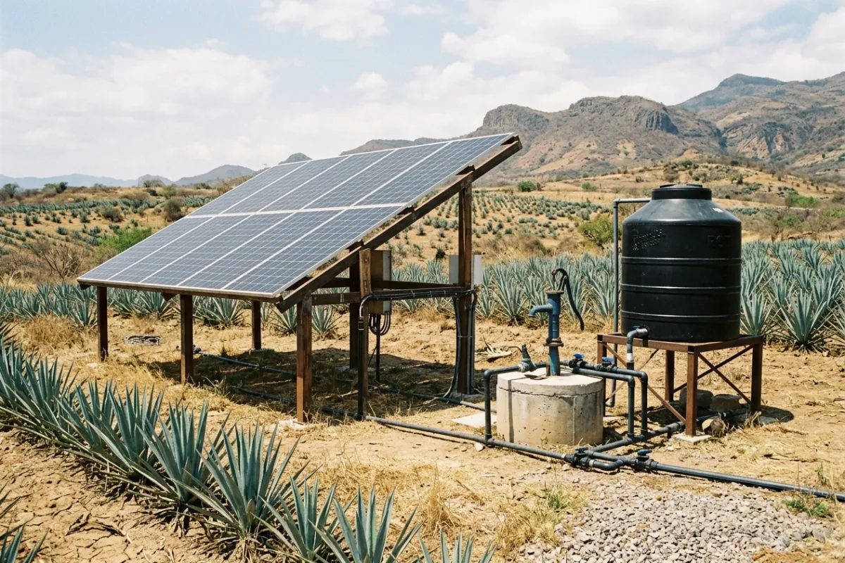 Paneles solares junto a un sistema de bombeo en un campo de agave